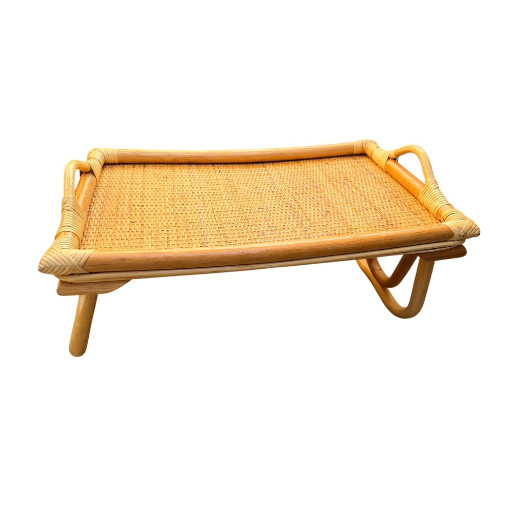 Vintage Bamboo Rattan Bed Tray Natural Good Folding Legs MCM Boho Japan Serving